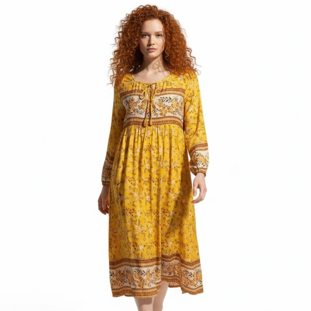 Cherie Bliss Tie Front Bohemian Yellow Floral Midi Dress Size S